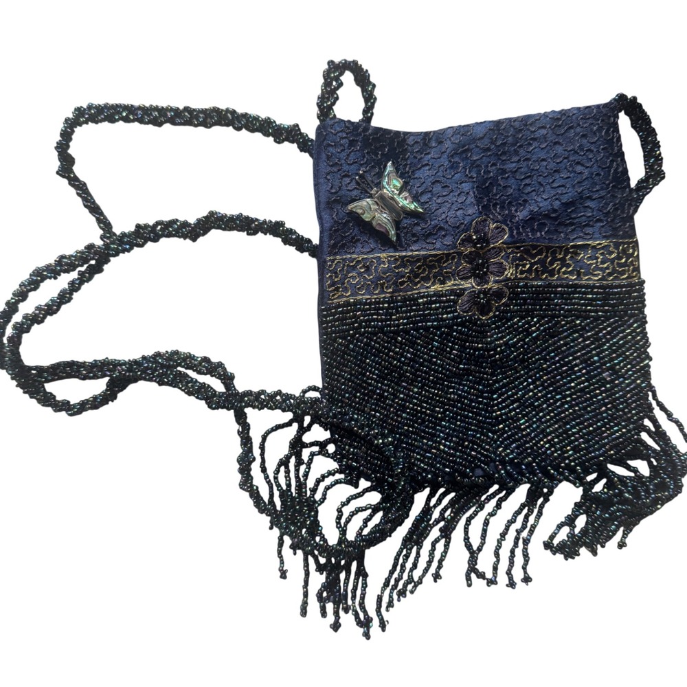 Vintage Beaded Navy Blue Crossbody Bag Abalone 925 Butterfly Brooch Fringe Boho